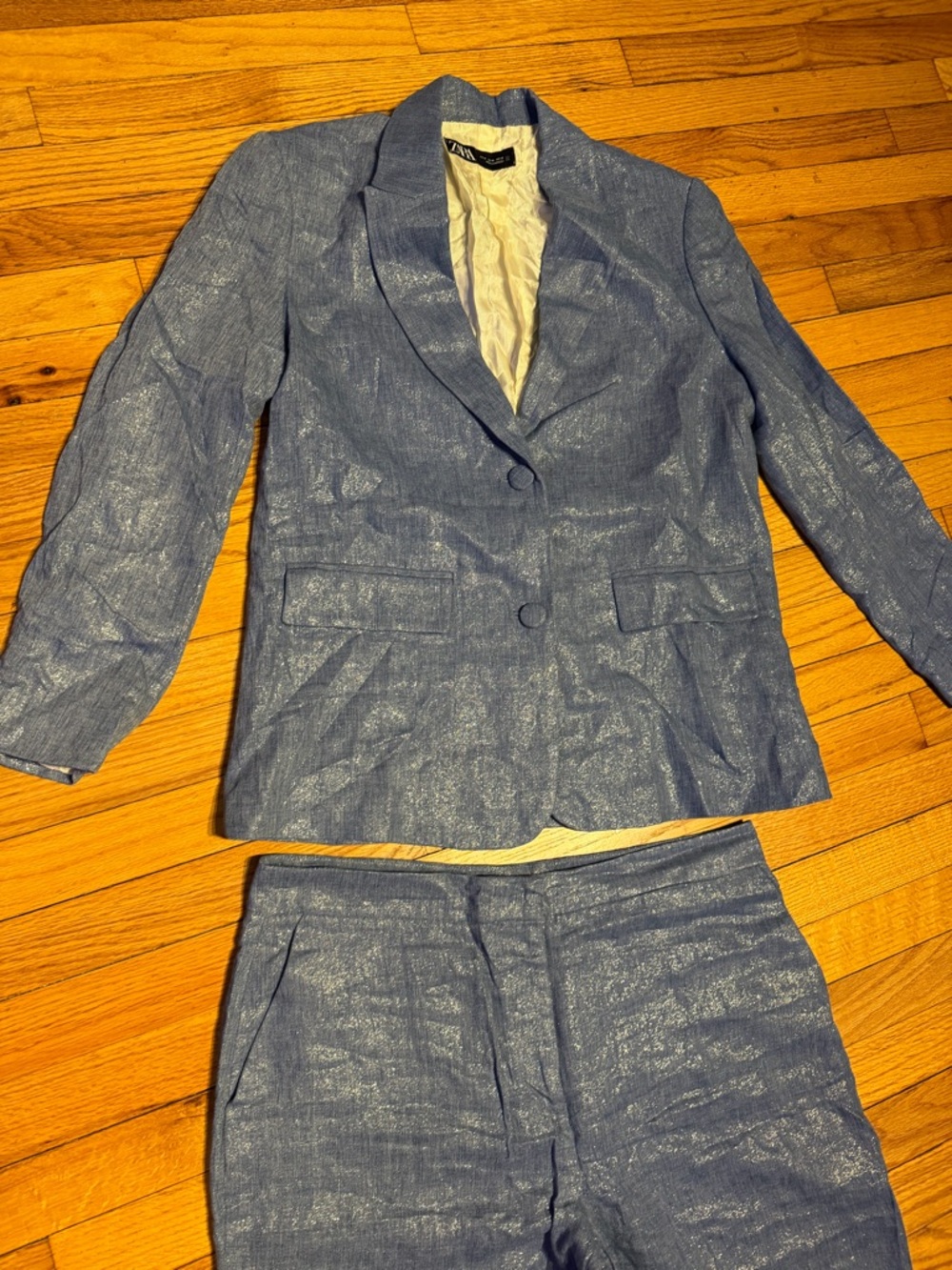 NWOT Zara Linen Shimmer Light Blue Blazer/Trousers Matching Set Coord Lounge L - Picture 5 of 13